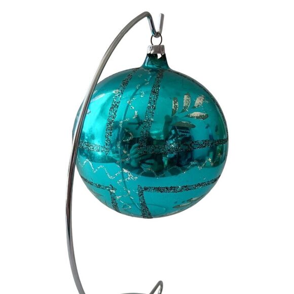 Mercury Glass Ball Ornament Blue West Germany LARGE Handblown 925 Silver Glitter - Picture 6 of 14